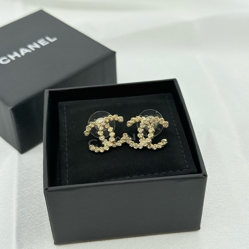 CHANEL Gold Crystal CC Logo Large Stud  Earrings